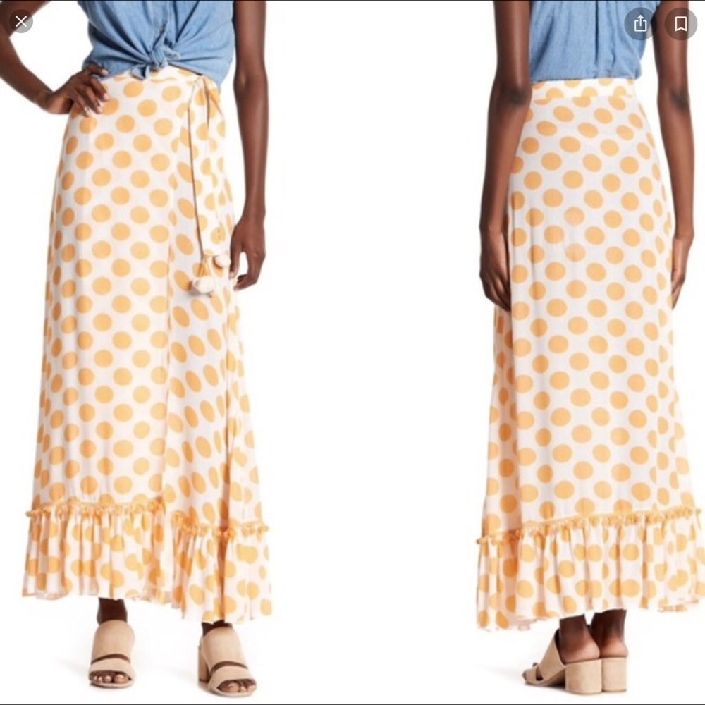 𝅺Lovers + Friends NWT Polka Dot Pom Pom Wrap Skirt In Golden Yellow Sz M.